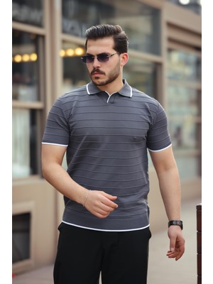 Miron Füme Kabartma Çizgi Polo Yaka Triko Tişört- 2403