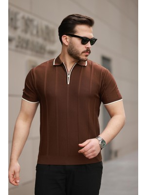 Miron Kahverengi Petek Dokulu Fermuarlı Polo Yaka Triko Kısa Kollu Tişört 2511