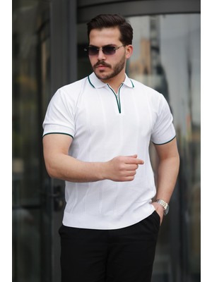 Miron Beyaz Petek Dokulu Fermuarlı Polo Yaka Triko Kısa Kollu Tişört 2511