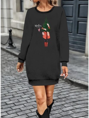 Kadın Uzun Kollu Bisiklet Yaka Desenli Kısa Viskon Iki Iplik Elbise