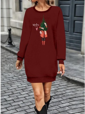 Kadın Uzun Kollu Bisiklet Yaka Desenli Kısa Viskon Iki Iplik Elbise