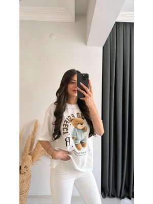 Teddy Baskılı Pamuklu  Basic Tshirt Beyaz