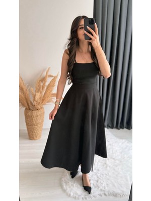 Sare Lüx Kalite Özel Işçilikli Kalın Poliviskon Midi Boy Kloş Etek Siyah