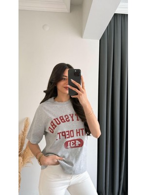 Lous Yazılı Baskılı Pamuklu  Basic Tshirt Gri