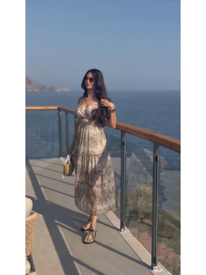 Patric Şifon Askılı Desenli Elbise Yeşil