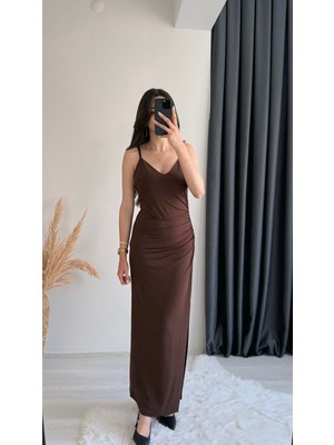 Walnet Drapeli Midi Boy Sandy Kumaş Ebise Kahve