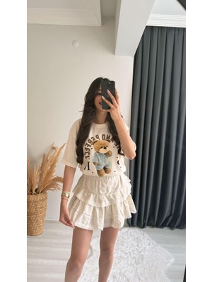 Danie Mini Bej Işlemeli Etek