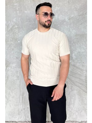 Mishar İtalia Erkek Bisiklet Yaka Kendinden Çizgi Desenli Triko Tişört P-00017656