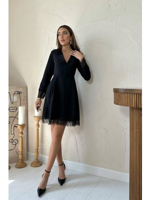Aisha Elbise Siyah Dantel Detaylı Kruvaze Yaka Elbise