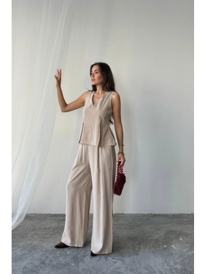 Gökyüzü Moda V Yaka Kolsuz Bluz - Pantolon Takım Modal Kumaş - Bej