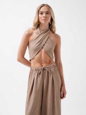 Gökyüzü Moda Düşük Bel Oversize Keten Pantolon