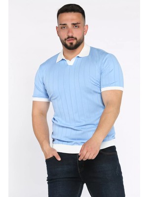 Mishar İtalia Erkek Polo Yaka Kendinden Çizgi Desenli Renk Garnili Triko Tişört P-00016875