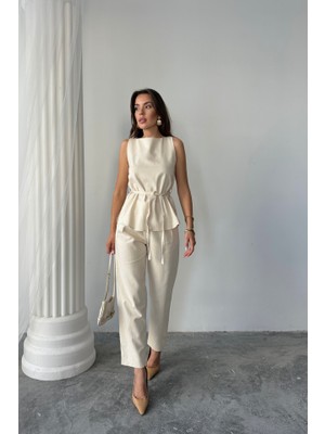 Gökyüzü Moda Keten Bluz - Pantolon Takım Massimo Model  Screat Kumaş - Bej