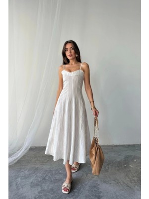 Defy Moda Simli Çizgili Askılı Elbise Midi Boy - Kahverengi