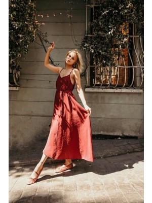 Gökyüzü Moda Askılı Basic Uzun Elbise - Açık Bordo
