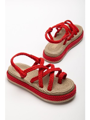 Bless Kadın Kırmızı Günlük Rahat Taban Hasır Sandalet Terlik