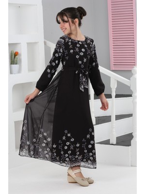 Kız Çocuk Astarlı Tam Boy Çiçek Desenli Iç Göstermeyen Şık ve Rahat Uzun Tesettür ELBISE-ELB-2040