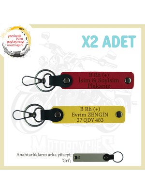 Motor Severlere Özel, Isim Plaka ve B Rh (+) Kan Grubu Yazılı X2 Anahtarlık Hediye, Kırmızı-Sarı-Gr