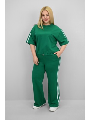 Kadın Büyük Beden Şerit ve Bel Büzgü Detaylı Kısa Kollu Eşofman Takımı 8197-25