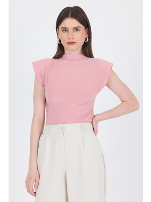 Pudra Vatkalı Dik Yaka Drapeli Bluz 13185