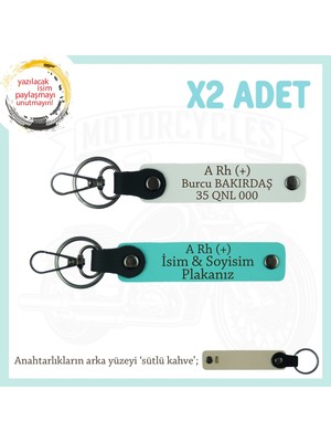 Miawiki Motor Severlere, Isim Plaka ve A Rh (+) Yazılı Özel Tasarım X2 Anahtarlık, Hediye , Beyaz-Turkuaz-Sk