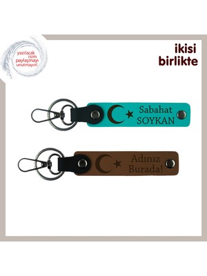 Miawiki Şehit Yakınına Anı Niteliğinde Hediye – Ay Yıldızlı Kişisel Anahtarlık Seti, Koyu Turkuaz-Kahve