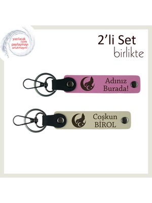 Miawiki Sevgiline Bozkurt ve Ayyıldız Işığında Anlamlı Hediye – Kişiye Özel Anahtarlık Seti, Pembe-S Kahve