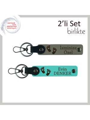 Miawiki Anne ve Babanın Ortak Kullanabileceği Isme Özel Anahtarlık Takımı, Kalpli Ayak Motifli, Gri-Turkuaz