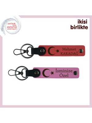 Miawiki Kardeşe Sıcak Bir Hatıra – Ay Yıldızlı, Kişiselleştirilebilir Deri Anahtarlık Set, Nar Çiçek-Pembe