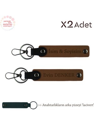 Miawiki Kayınpedere Özel Hediye – Kişisel Isim & Soyisim Yazılı Ikili Anahtarlık Seti, Açık Kahve-Lacivert