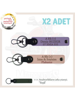 Motor Tutkunlarına Hediye Isim Plaka ve A Rh (+) Kan Grubu Yazılı X2 Anahtarlık, Yavruağzı-Mor-Ysl