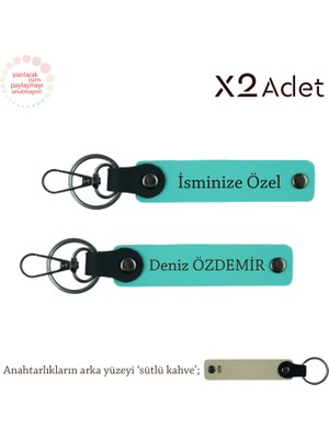 Miawiki Anneye 14 Şubat Armağanı, Isim ve Soyismi Yazılı  2’li Deri Anahtarlık Takımı, Turkuaz-Sütlü Kahve