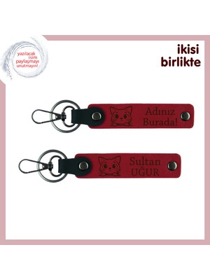 Miawiki Iki Kalp ve Bir Patinin Ortak Hatırası, Kedi Motifli Deri Anahtarlık Seti, Kırmızı-Kırmızı