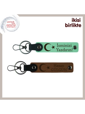 Miawiki Patrona Şık Hediye, Ay Yıldız Temalı Isim& Soyisim Yazılı 2’li Anahtarlık Seti, Açık Yeşil-Kahve