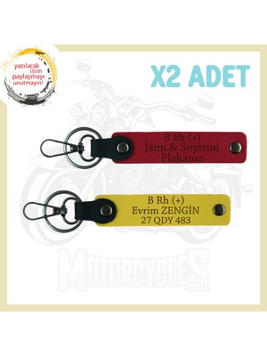 Kırmızı-Sarı, Motor Severlere, Isim Plaka ve B Rh (+) Yazılı Özel Tasarım Hediye 2'li Anahtarlık Set