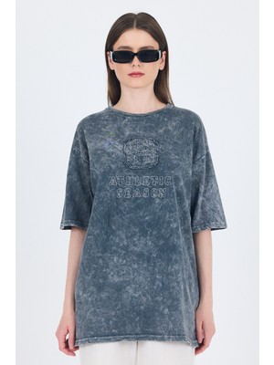 Füme Yazı Nakışlı Oversize Tişört 253017