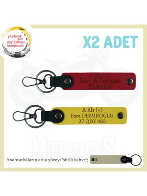 Motor Severlere Özel, Isim Plaka ve A Rh (+) Kan Grubu Yazılı Hediye X2 Anahtarlık, Kırmızı-Sarı-Sk