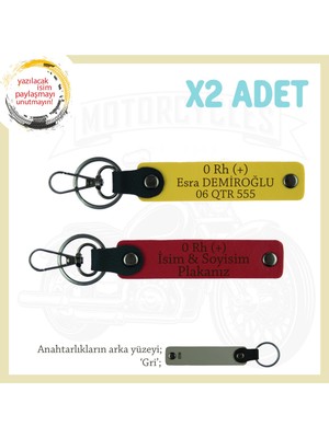 Motor Severlere Özel, Isim Plaka ve 0 Rh (+) Kan Grubu Yazılı X2 Anahtarlık Hediye, Kırmızı-Sarı-Gr