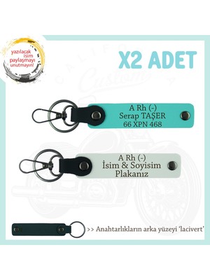 Motor Severler Için, Isim Plaka ve A Rh (-) Kan Grubu X2' Li Anahtarlık, Hediye , Beyaz-Turkuaz-Laci
