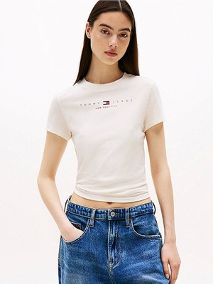 Tommy Jeans Tjw Slım Tj Us Lınear Ss Tee Kadın Beyaz T-Shirt DW0DW21422YBH