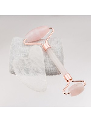 Pembe ve Kristal Kuvars Yüz Masaj Seti - Roller ve Gua Sha