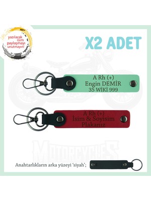 Motor Sürücüsüne Isim Plaka ve A Rh (+) Kan Grubu Yazılı 2' Li Anahtarlık Hediye, Kırmızı-Yeşil-Syh
