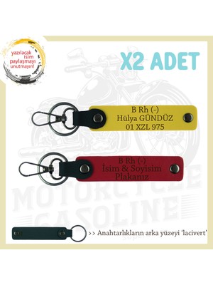 Motor Severlere, Isim Plaka ve B Rh (-) Kan Grubu, Tasarım Hediye 2'li Anahtarlık, Kırmızı-Sarı-Laci