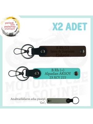 Motor Severlere Hediye, Isim Plaka ve B Rh (+) Kan Grubu Yazılı X2'li Anahtarlık, K Kahve-Turkuaz-Gr