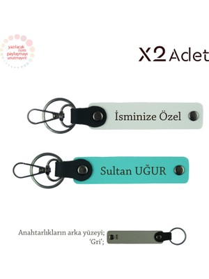 Miawiki Kurumsal Anlamlı Armağan, Isim & Soyisim Yazılı 2’li Anahtarlık Hediye Seti, Beyaz-Turkuaz-Gri