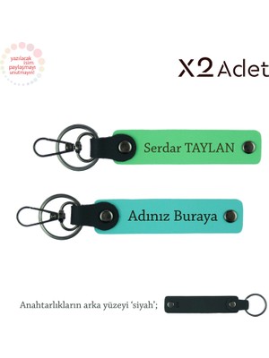Sevgiliye 14 Şubat Hediyesi, Isim Yazılı 2’li Anahtarlık Seti, Turkuaz-Fıstık Yeşil-Siyah