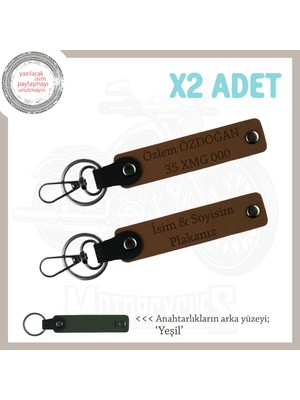 Miawiki Motor Sevdalılarına Kişiye Özel Isim ve Plaka Yazılı 2’li Deri Anahtarlık Hediye, Kahve-Yeşil