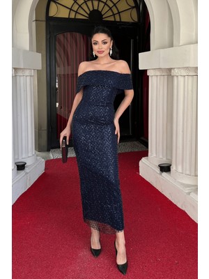 Boncuklu Tül Kumaş Straplez Kalem Elbise - Lacivert