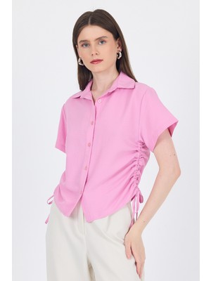 Pembe Yanları Büzgülü Bağcıklı Kısa Kollu Gömlek 4368A