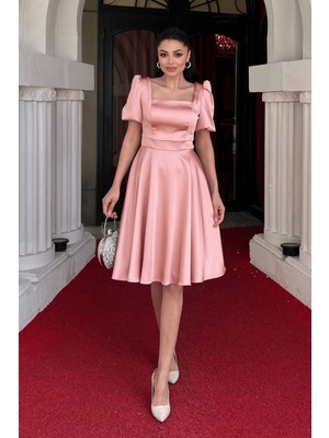 Saten Kumaş Balon Kol Mini Elbise - Pudra